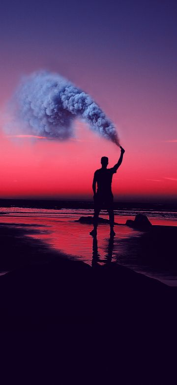 Silhouette, Seashore, Pink sky, Man, Standing, Smoke can, Sunset, Evening sky, Aesthetic, 5K