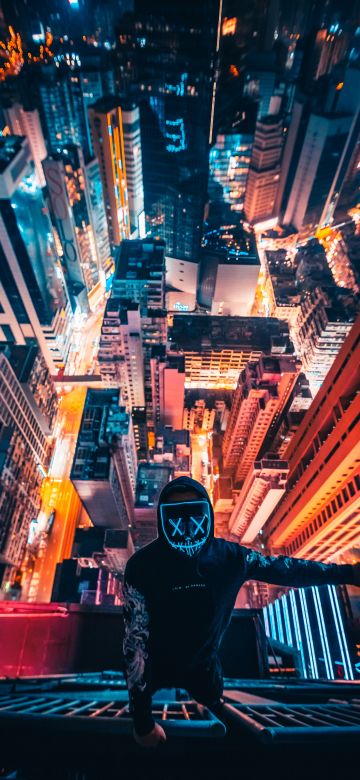 Hong Kong City, Neon Mask, Rooftop, Cityscape, Nightscape, Persons in Mask, City lights, Aerial view, Skyscrapers, 5K