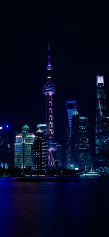 Shanghai City, China, Cityscape, Body of Water, Reflection, Night time, City lights, Skyscrapers, Dark background, 5K