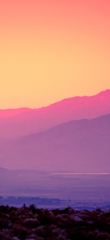 Pink sky, Scenery, Sunset, Gradient background, Mountains, Landscape, Beautiful, Clear sky, 5K