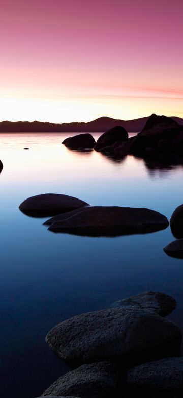 Landscape, Rocks, Lake, Sunset, Dusk, Pink sky, Body of Water, Reflection, Clear sky, 5K