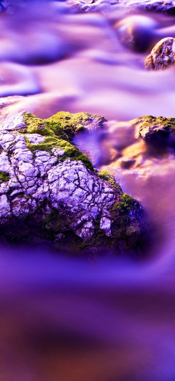 Aesthetic, Water Stream, Moss, Purple background, Long exposure, Rock, Closeup Photography, Beautiful, 5K