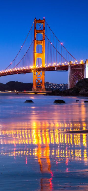 Golden Gate Bridge, Reflection, Body of Water, Night lights, Blue Sky, Clear sky, Landscape, Dusk, Rocks, 5K