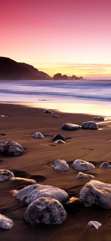 Ocean, Sunset, Pink sky, Rockaway Beach, Landscape, Seascape, Waves, Beautiful, Scenery, 5K