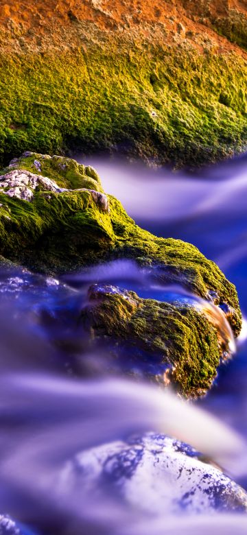 Green Moss, Water Stream, Long exposure, Rock, Purple, 5K