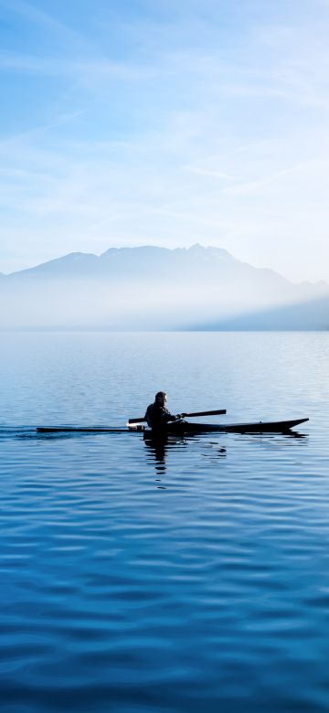 Annecy feeds, Kayak, France, Lake, Glider, Sailor, River, Waterfront, Mountains, Landscape, Foggy, Blue Sky, 5K