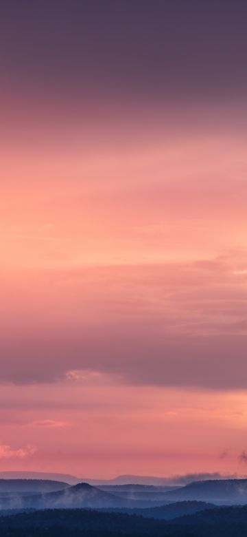 Pink sky, Sunset, Mountains, Landscape, Fog, Clouds, Dusk, Sky view, 5K, 8K