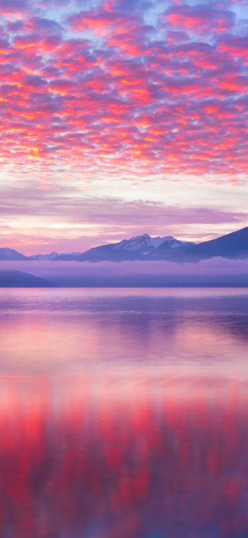 Pink clouds, Reflection, Lake, Body of Water, Mountains, Landscape, Scenery, Fog, 5K