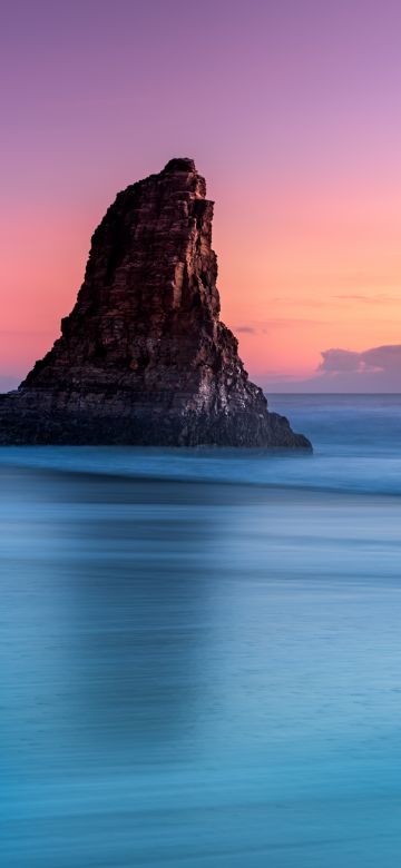 Ocean blue, Purple sky, Clouds, Seascape, Davenport, California, United States, Scenery, Sunset, Island, Cliff, 5K, 8K