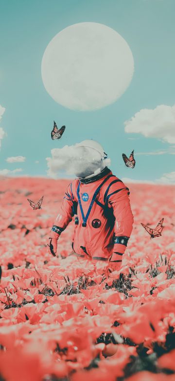 Astronaut, 5K, Surreal, NASA, Flower garden, Butterflies, Moon, Clouds, Space suit