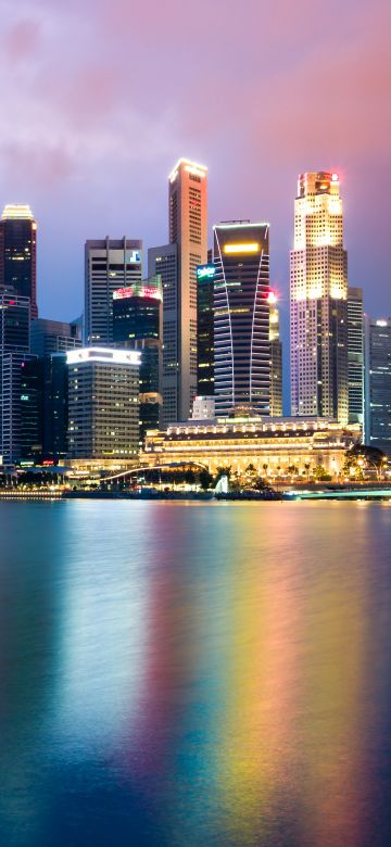 Singapore, Cityscape, Buildings, Skyscrapers, Reflection, Body of Water, Night, City lights, Skyline, Colorful, 5K