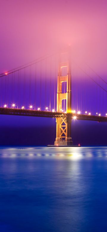 Golden Gate Bridge, 5K, San Francisco, California, Scenic, Pink sky, Blue, Body of Water, Pacific Ocean, Night lights, Reflection, Aesthetic