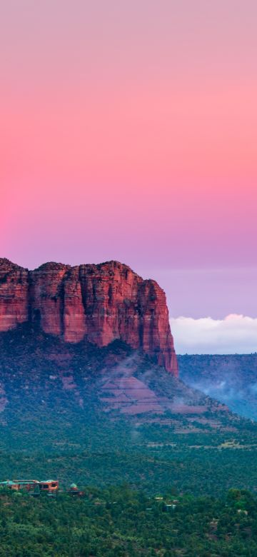 Mountains, Valley, Evening sky, Sunset, Landscape, Panorama, Pink sky, 5K, 8K