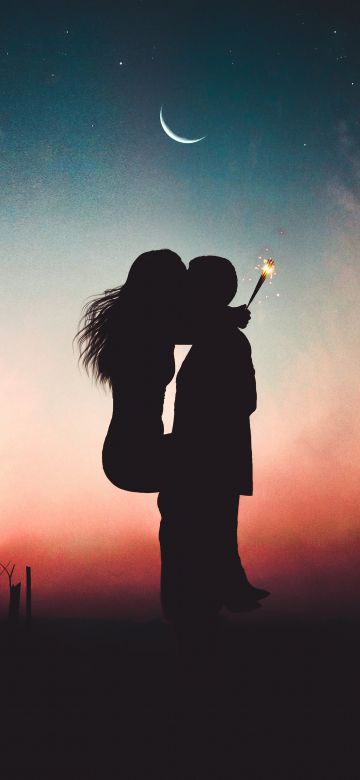 Couple, Backlit, Romantic kiss, Silhouette, Sunset, Pair, Together, Romance, First kiss, Sparklers, Crescent Moon