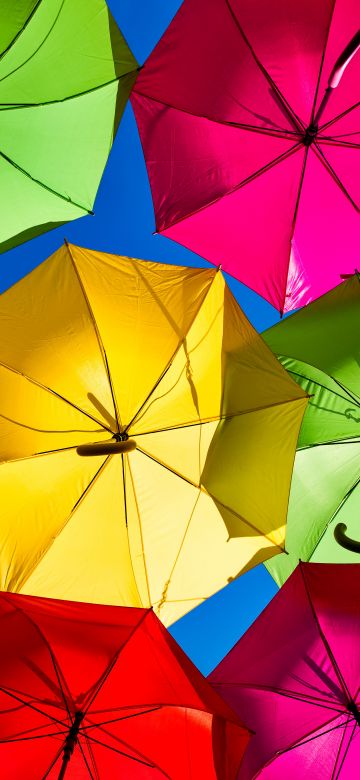 Umbrellas, Street festival, Colorful, Looking up at Sky, Rainbow colors, 5K