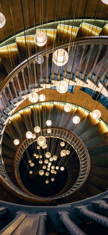 Wooden stairs, Aesthetic, Spiral staircase, Hanging lights, Chandelier, Modern lighting