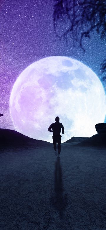 Full moon, Neon, Aesthetic, Silhouette, Running, Starry sky, Night, Road