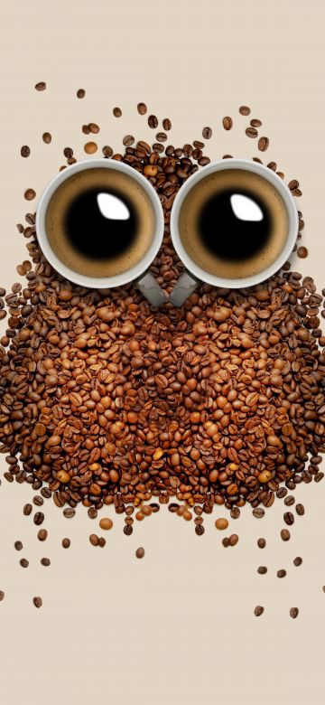 Coffee beans, Owl, Coffee cup, Brown background, Drinks, Caffeine, Beautiful, 5K, 8K, Pastel background, Pastel brown, Brown aesthetic