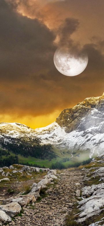 Mountains, Landscape, Full moon, Hiking trail, Pathway, Snow covered, Dark clouds, Fog, Meadow, 5K