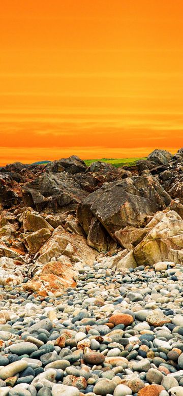 Landscape, Orange sky, Rocks, Pebbles, Sunset, Ocean, Coastal, Scenery, Water, 5K