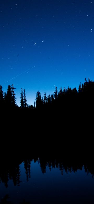 Snow Lake Trail, Washington, United States, Silhouette, Blue Sky, Stars, Body of Water, Reflection, Trees, Dark background