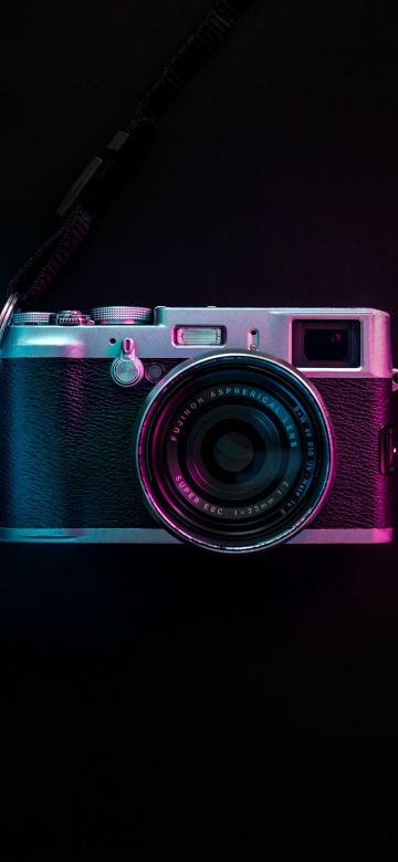 Vintage Camera, Fujifilm, Black background, Purple light, SLR Camera, 5K, AMOLED