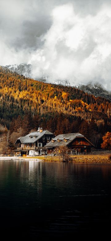 Wooden House, Lakeside, Autumn trees, Countryside, Mountain, Foggy, Glacier, Water, Landscape, 5K