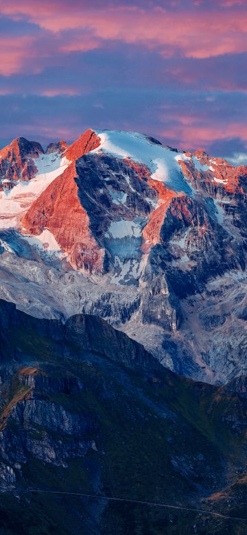 Marmolada Glacier, Italy, Mountain range, Snow covered, Landscape, Peaks, Tourist attraction, Aerial view, 5K, 8K