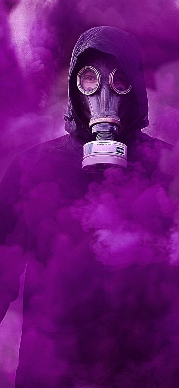 Gas mask, Smoke, Hoodie, Person in Black, Purple Smoke, Protective Gear, 5K