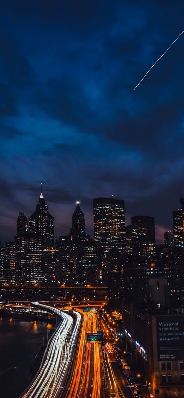 New York City, United States, Cityscape, Night time, City lights, Metropolitan, Dark background, Skyscrapers, Light trails, Dark clouds, Blue Sky, 5K