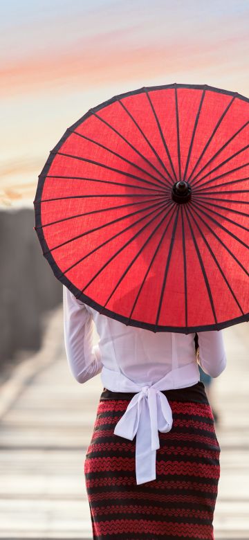 Red Umbrella, Burmese woman, Wooden pier, Girl, Traditional, Culture, Myanmar, Blur, Bridge, 5K, 8K