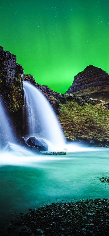 Kirkjufell, Aurora Borealis, Northern Lights, Iceland, Mountain, Waterfalls, Landscape, Water Stream, Long exposure, Dusk, Green Sky, Scenery, 5K