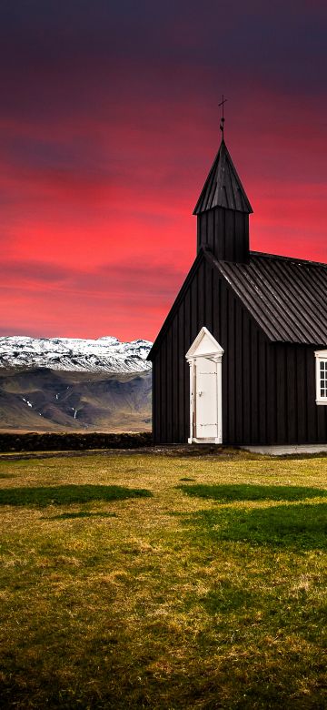 Búðir, Iceland, Church, Hamlet, Landscape, Red Sky, Glacier mountains, Snow covered, Wooden House, Scenery, Beautiful, 5K