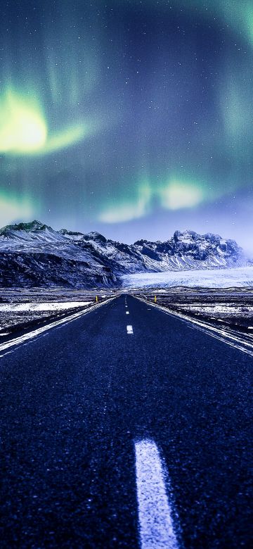 Aurora Borealis, Road, Mountains, Snow covered, Glacier, Landscape, Starry sky, Beautiful, Iceland, 5K