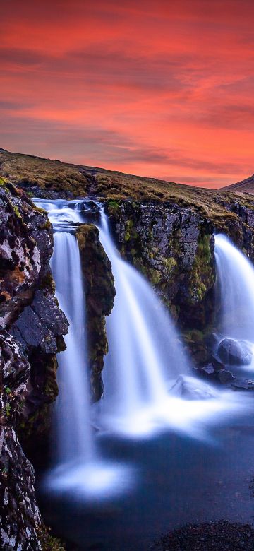 Kirkjufell, Iceland, Mountain, Waterfalls, Landscape, Water Stream, Long exposure, Dusk, Red Sky, 5K