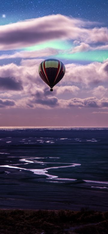 Hot air balloon, Aurora Borealis, Northern Lights, Clouds, Landscape, Dusk, Starry sky, 5K