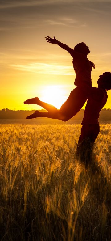 Couple, Together, Silhouette, Sunset, Romantic, Evening, Clear sky, Field, Lifting, 5K