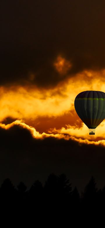 Hot air balloons, Sunset, Flying, Travel, Vacation, Dusk, Adventure, Dark clouds, Dark background, 5K, 8K