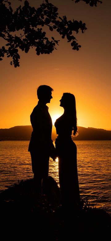 Silhouette, Couple, Romantic, Sunset, Backlit, Seascape, Yellow, Dawn, Beach