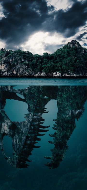 Dinosaur Skull, Island, Mystery, Ocean, Hidden, Underwater, Clouds, Imagination, Blue Water