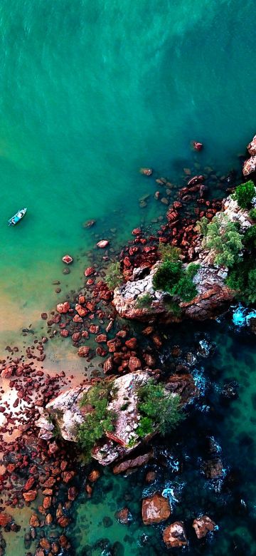 Island, Beach, Ocean blue, Boats, Aerial view, Birds eye view, Sand, Rocks, Seascape, Waves