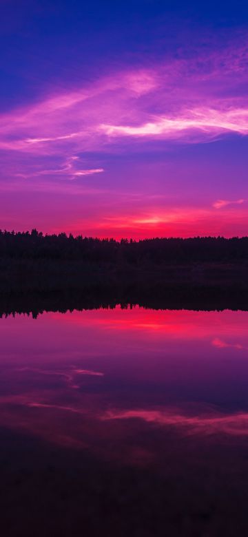 Purple sky, Sunset, Body of Water, Lake, Reflection, Horizon, Silhouette, Beauty in Nature, Gradient background, Scenery, Vibrant, Dusk, Golden hour, 5K