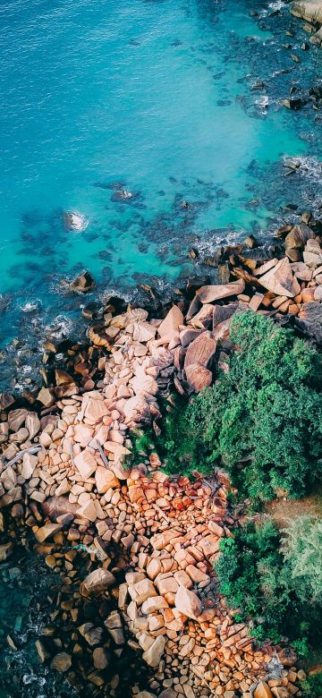 Seashore, Coastline, Rocks, Green Trees, Blue Water, Ocean, Aerial view, Birds eye view, Scenery, Landscape