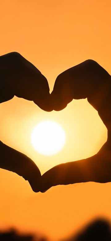 Sunset, Silhouette, Heart shape, Hands together, Valentine's Day, Sunburst Gold, Orange background, February