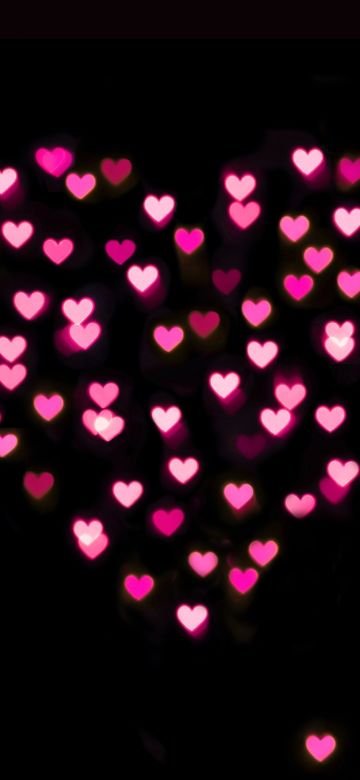 Pink hearts, Black background, Bokeh, Glowing lights, Vibrant, Blurred, Heart shape, Valentine's Day, Love heart, 5K, Dark aesthetic, February