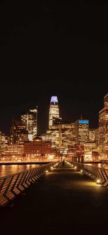 San Francisco City, Cityscape, Black background, Night time, City lights, Skyscrapers, Waterfront, Pier