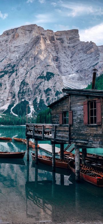 Lake Braies, Italy, Wooden House, Boats, Mountains, Glacier, Snow, Body of Water, Reflection, Landscape, Scenery, Travel, 5K