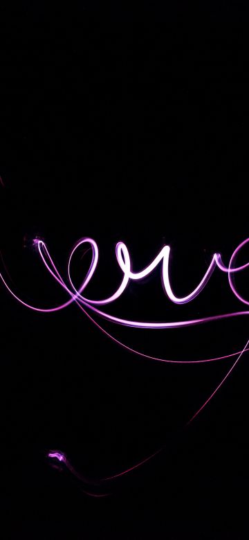 Love text, Black background, Purple lights, Valentine's Day, Neon light, 5K