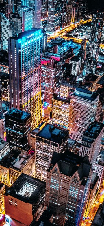 Chicago, Skyline, Skyscrapers, Cityscape, Night, City lights, Aerial view, Willis Tower, Illinois, USA