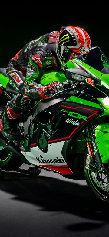 Kawasaki Ninja ZX-10R, AMOLED, Sports bikes, Black background, Biker, 2021